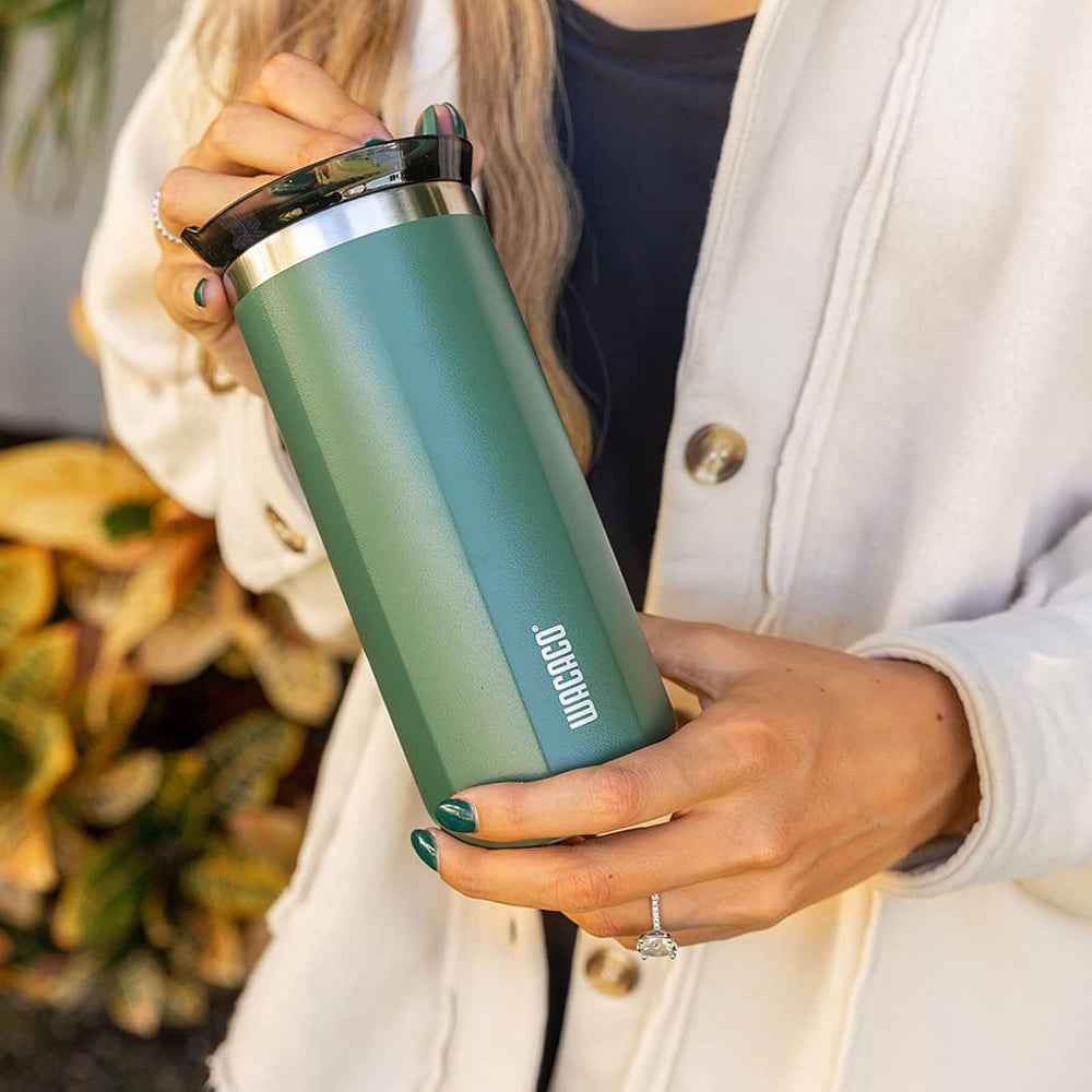 Wacaco Octaroma GRANDE Vacuum Insulated Mug (435ml) - Double Wall Stainless Steel Coffee Travel Tumbler w/ Leakproof Drinking Lid, Reusable, Washable, BPA-Free, Hot & Cold - Green