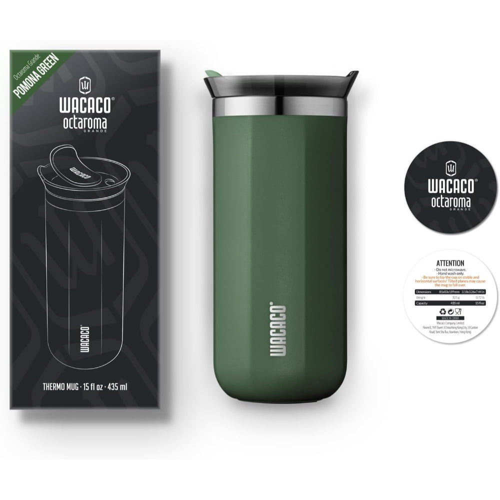 Wacaco Octaroma GRANDE Vacuum Insulated Mug (435ml) - Double Wall Stainless Steel Coffee Travel Tumbler w/ Leakproof Drinking Lid, Reusable, Washable, BPA-Free, Hot & Cold - Green