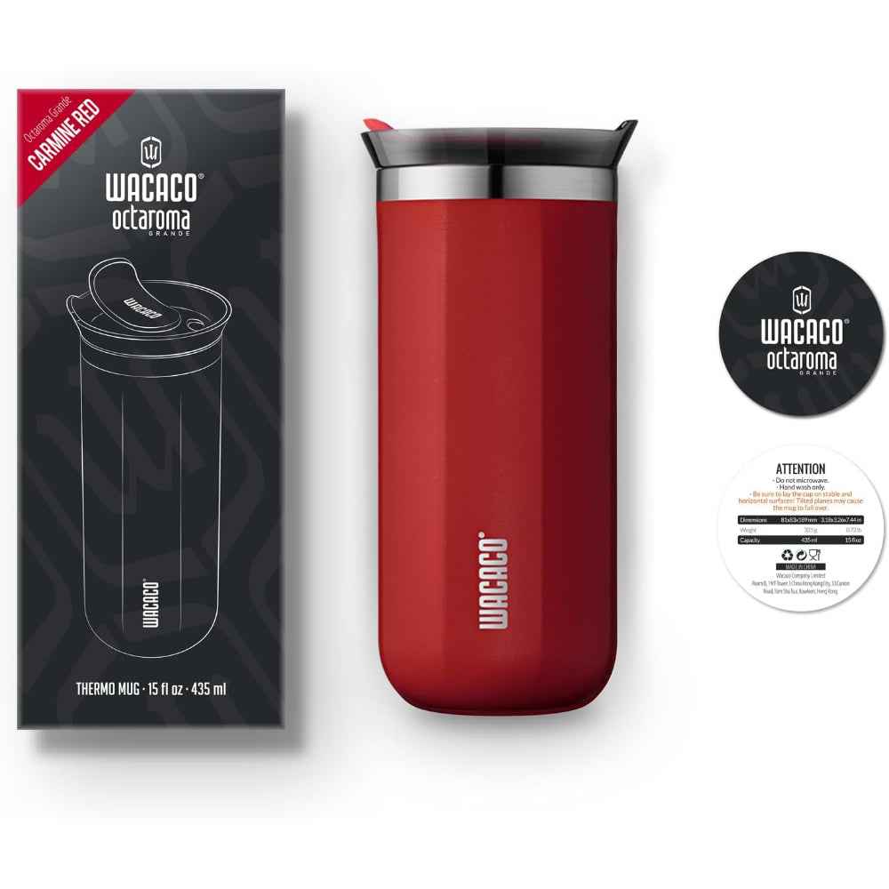 Wacaco Octaroma GRANDE Vacuum Insulated Mug (435ml) - Double Wall Stainless Steel Coffee Travel Tumbler w/ Leakproof Drinking Lid, Reusable, Washable, BPA-Free, Hot & Cold - Yellow
