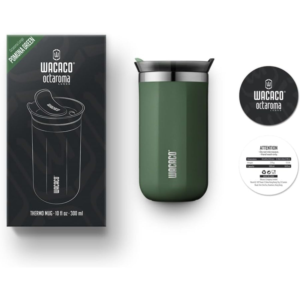 Wacaco OCTAROMA Vacuum Insulated Mug (300ml) - Double Wall Stainless Steel Vacuum Insulated Coffee Travel Mug with Leakproof Drinking Lid - Green