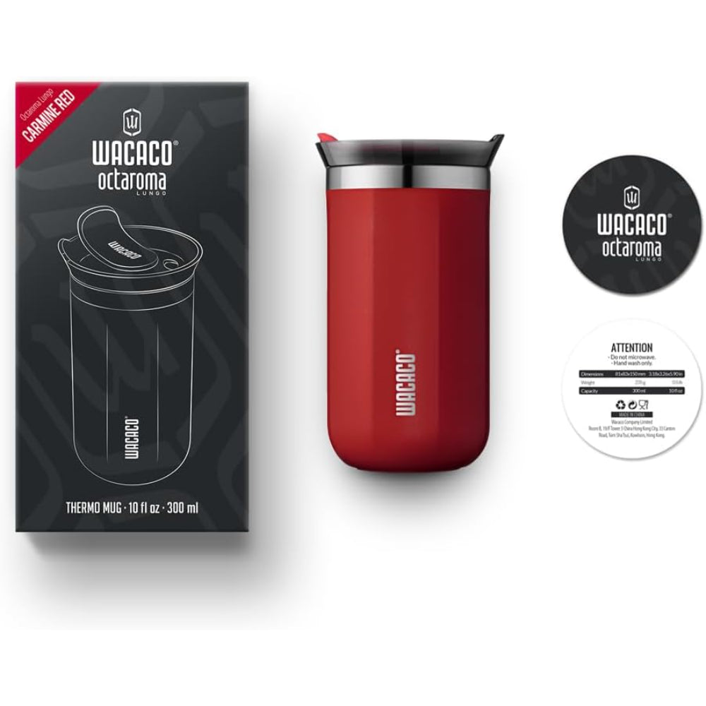 Wacaco OCTAROMA Vacuum Insulated Mug (300ml) - Double Wall Stainless Steel Vacuum Insulated Coffee Travel Mug with Leakproof Drinking Lid - Red