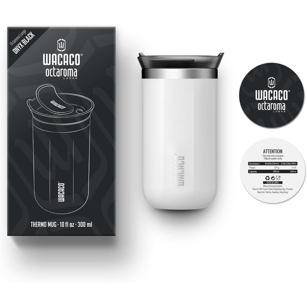 Wacaco OCTAROMA Vacuum Insulated Mug (300ml) - Double Wall Stainless Steel Vacuum Insulated Coffee Travel Mug with Leakproof Drinking Lid - Ceramic Whte