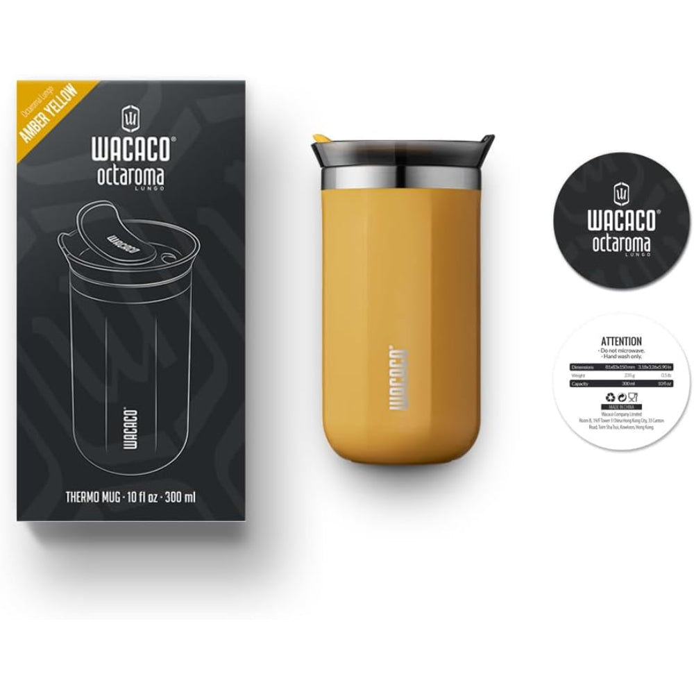 Wacaco OCTAROMA Vacuum Insulated Mug (300ml) - Double Wall Stainless Steel Vacuum Insulated Coffee Travel Mug with Leakproof Drinking Lid - Yellow