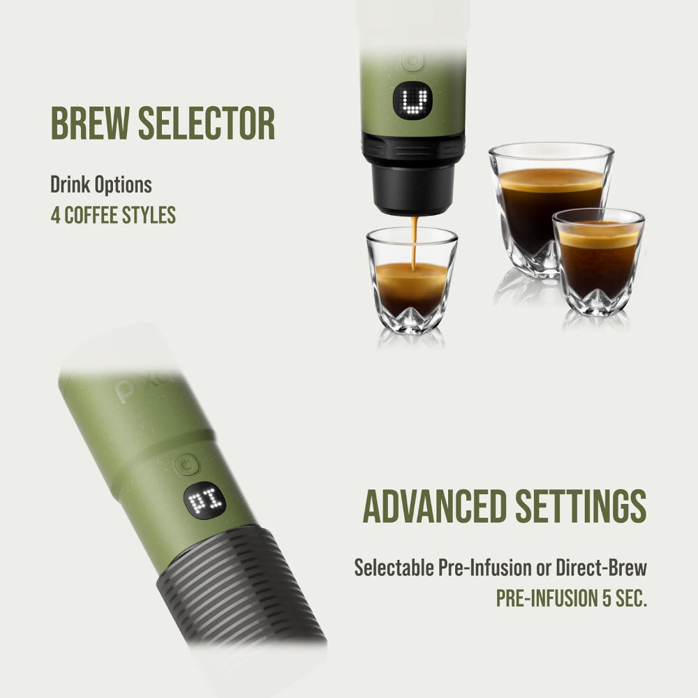 WACACO – PIXAPRESSO - Electric Portable Espresso Machine – Compact, Lightweight, Barista-Quality Coffee Maker for Travel, Home, Office – Perfect for Fresh Espresso Anytime, Anywhere - Olive Green
