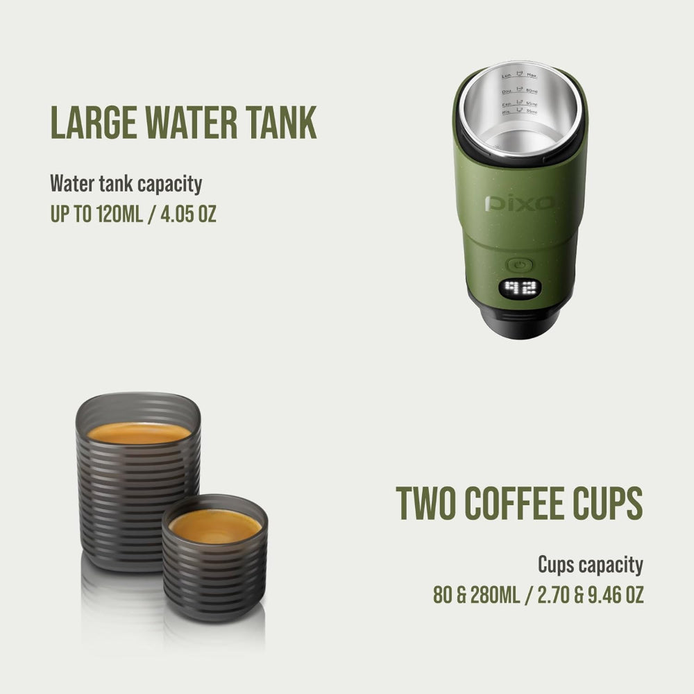 WACACO – PIXAPRESSO - Electric Portable Espresso Machine – Compact, Lightweight, Barista-Quality Coffee Maker for Travel, Home, Office – Perfect for Fresh Espresso Anytime, Anywhere - Olive Green