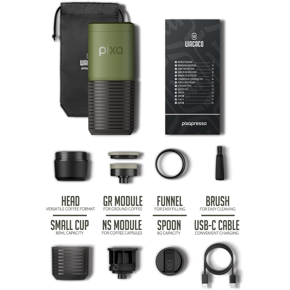 WACACO – PIXAPRESSO - Electric Portable Espresso Machine – Compact, Lightweight, Barista-Quality Coffee Maker for Travel, Home, Office – Perfect for Fresh Espresso Anytime, Anywhere - Olive Green