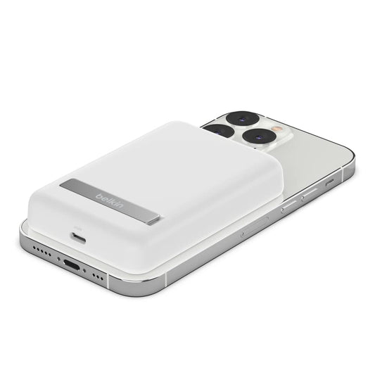 BELKIN Magnetic Wireless Power Bank 5KmAh + Kick Stand| MagSafe Portable Charger, Movies, Video Call, NightStand, for Apple iPhone 16/15/14/13/12 Series, S25/24/23 Ultra - White
