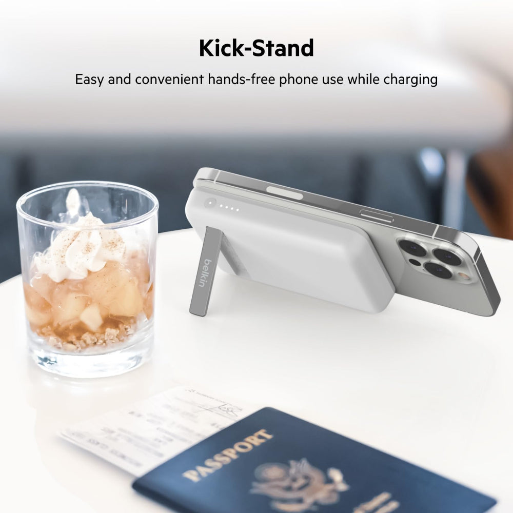 BELKIN BoostCharge Magnetic Wireless Power Bank 5K mAh MagSafe Compatible with Kick Stand - White