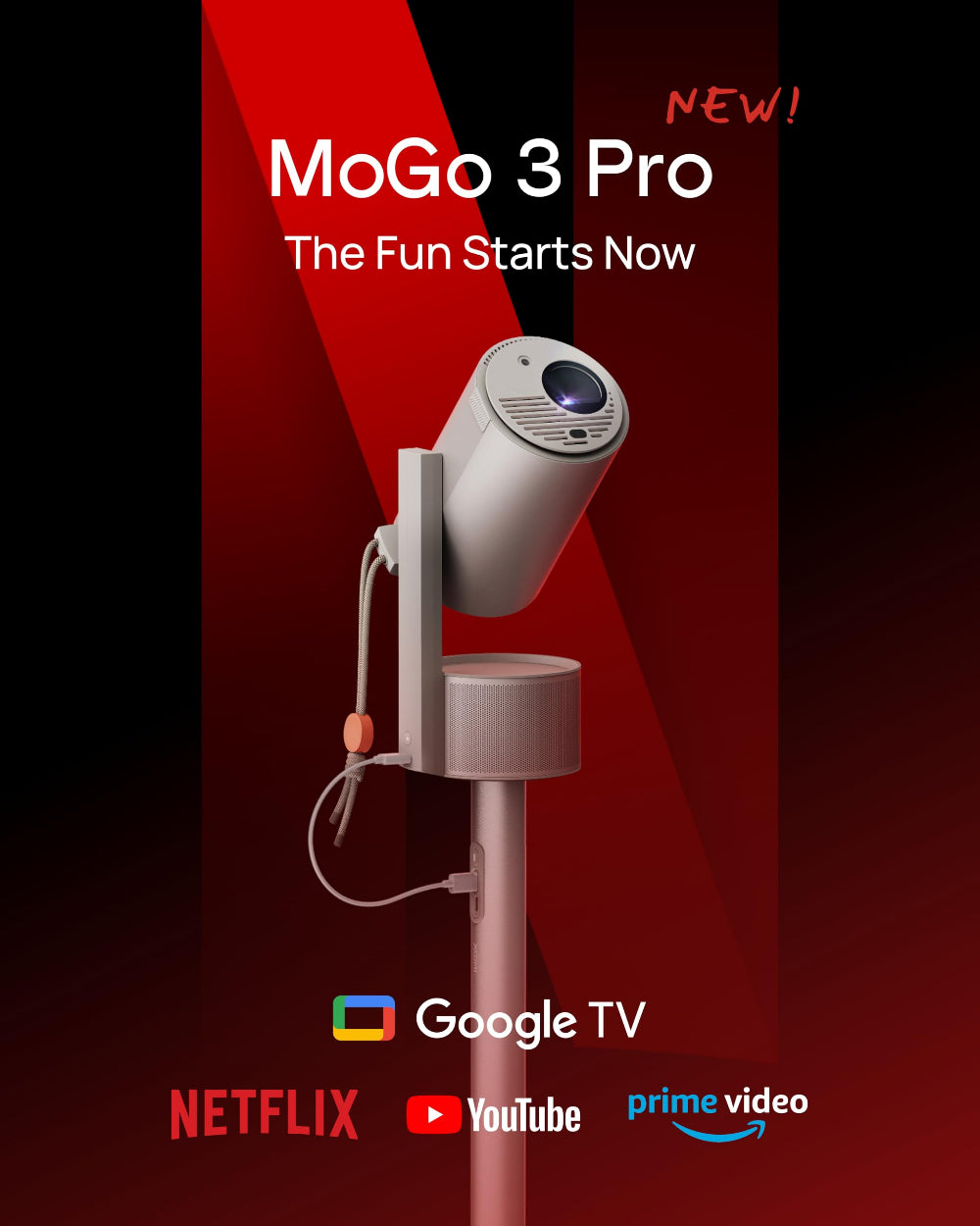 جهاز عرض محمول XGIMI MoGo 3 Pro، بقوة 450 لومن ISO ودقة 1080P Full HD، مع قاعدة PowerBase - بيج