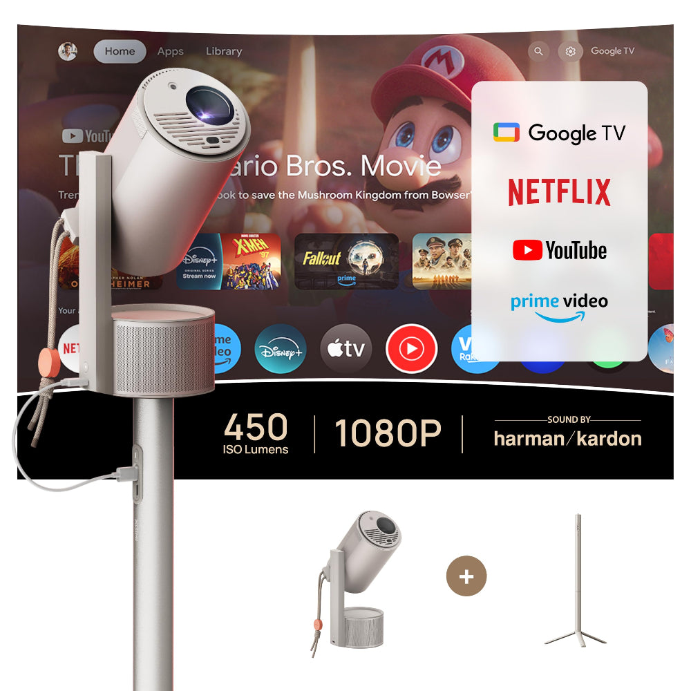 جهاز عرض محمول XGIMI MoGo 3 Pro، بقوة 450 لومن ISO ودقة 1080P Full HD، مع قاعدة PowerBase - بيج