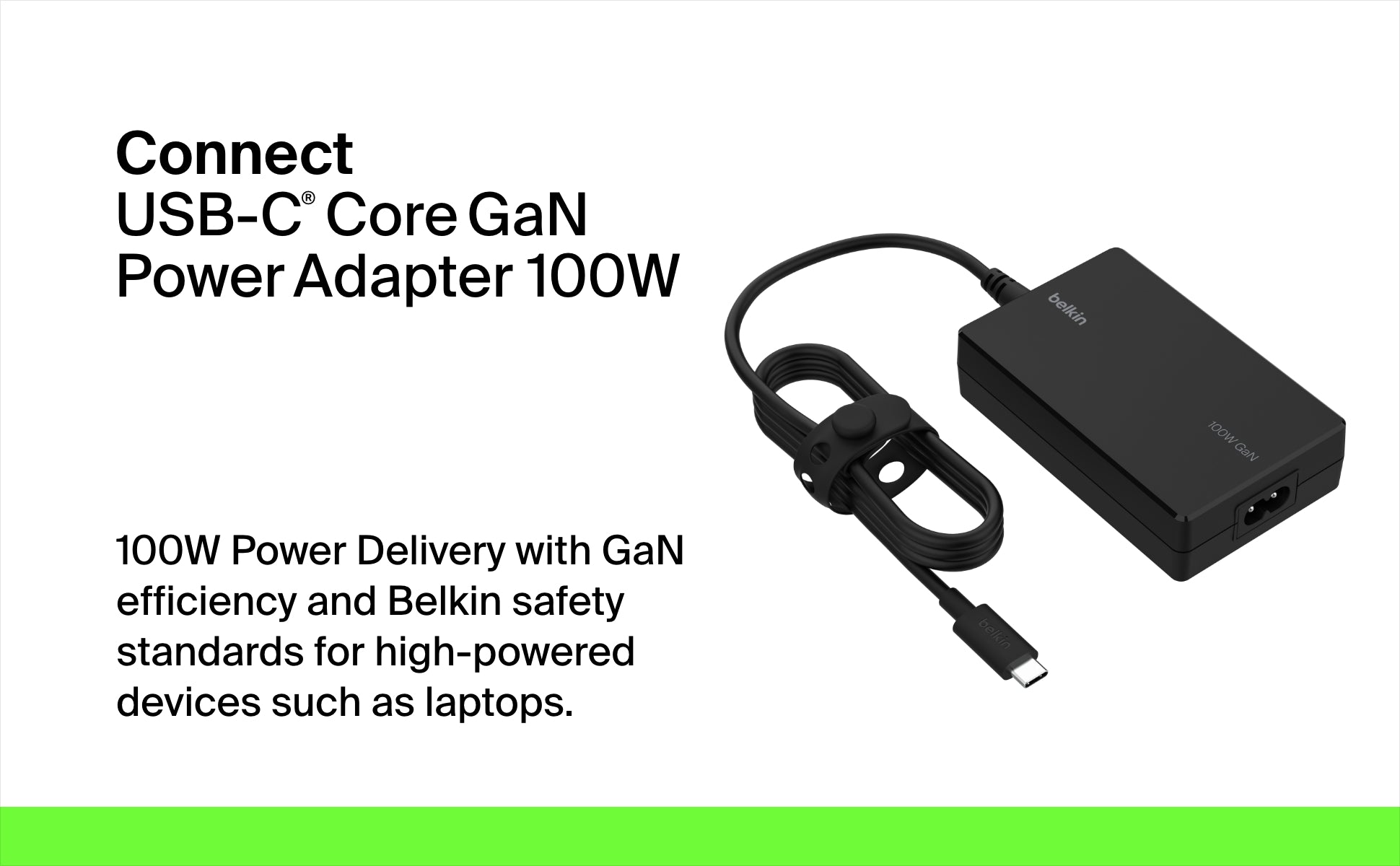 Belkin Connect 100W USB-C Core GaN Power Adapter, Fast-Charging Adapter w/ Universal USB-C Compatibility, 100W Power Delivery, 8ft Power Cable for Gaming, MacBook Pro, PC Laptops, Chromebook - Black