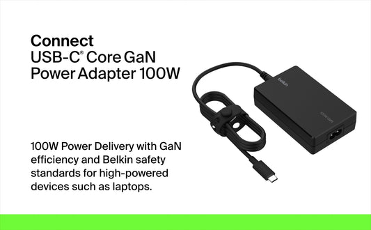 Belkin Connect 100W USB-C Core GaN Power Adapter, Fast-Charging Adapter w/ Universal USB-C Compatibility, 100W Power Delivery, 8ft Power Cable for Gaming, MacBook Pro, PC Laptops, Chromebook - Black