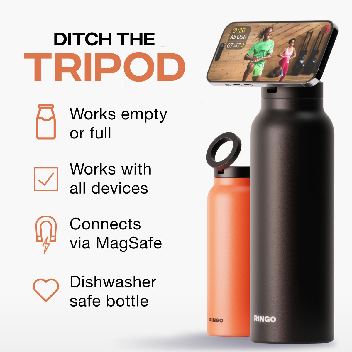 Ringo MagSafe Water Bottle + Free Magnetic Booster Ring - 709ml (24oz) / 946ml (32oz) -  Orange