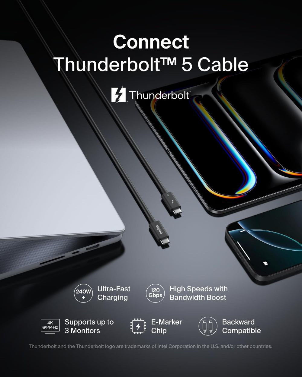 Belkin USB-C Thunderbolt 5 Cable w/ 240W Power Delivery, Bandwidth Boost Up to 120Gbps, 3x Faster Data Transfer and 4K UHD Display Resolution, 3.3ft - Intel-Certified Fast Charging USB-C Cable - Black