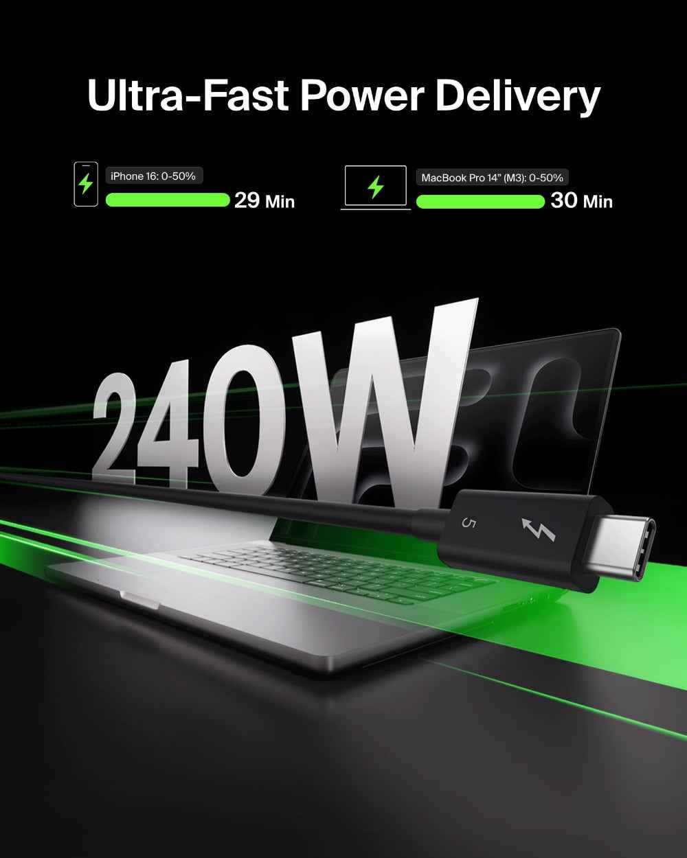 Belkin USB-C Thunderbolt 5 Cable w/ 240W Power Delivery, Bandwidth Boost Up to 120Gbps, 3x Faster Data Transfer and 4K UHD Display Resolution, 3.3ft - Intel-Certified Fast Charging USB-C Cable - Black
