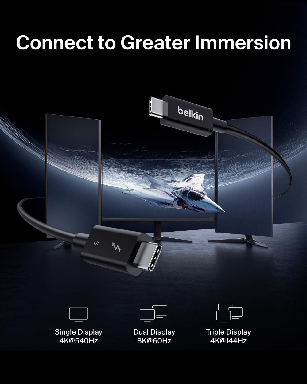 Belkin USB-C Thunderbolt 5 Cable w/ 240W Power Delivery, Bandwidth Boost Up to 120Gbps, 3x Faster Data Transfer and 4K UHD Display Resolution, 3.3ft - Intel-Certified Fast Charging USB-C Cable - Black