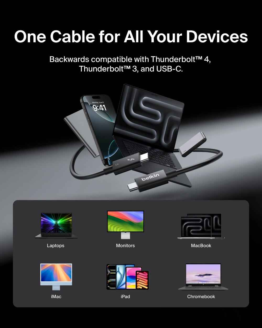 Belkin USB-C Thunderbolt 5 Cable w/ 240W Power Delivery, Bandwidth Boost Up to 120Gbps, 3x Faster Data Transfer and 4K UHD Display Resolution, 3.3ft - Intel-Certified Fast Charging USB-C Cable - Black