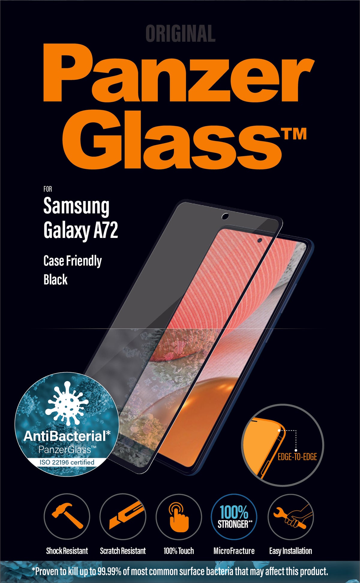 PANZERGLASS Samsung Galaxy A72 5G Screen Protector - Edge to Edge Fit Tempered Glass w/ AntiMicrobial - Black Frame