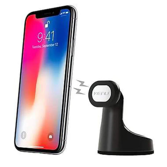 Magnetic smartphone car mount holding a phone with a colorful screen on white background.