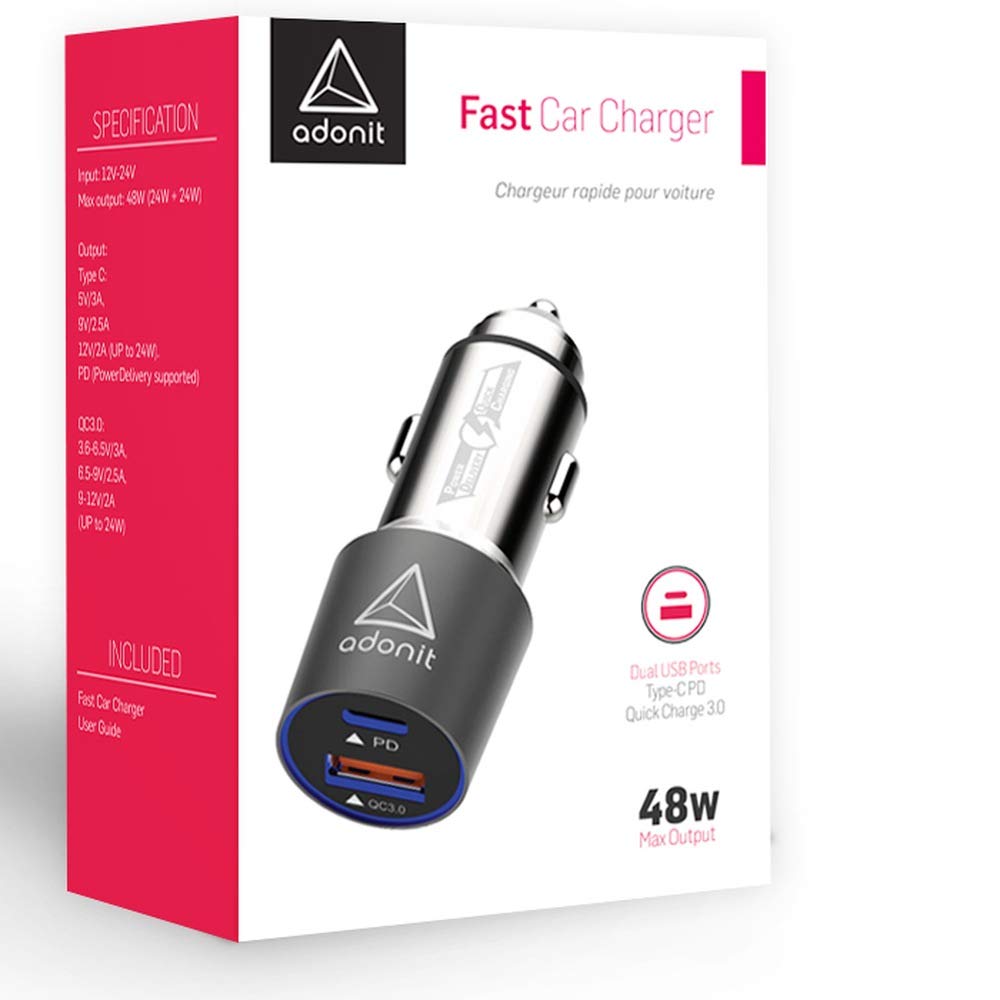 ADONIT Fast Car Charger for USB-C and USB 3.0