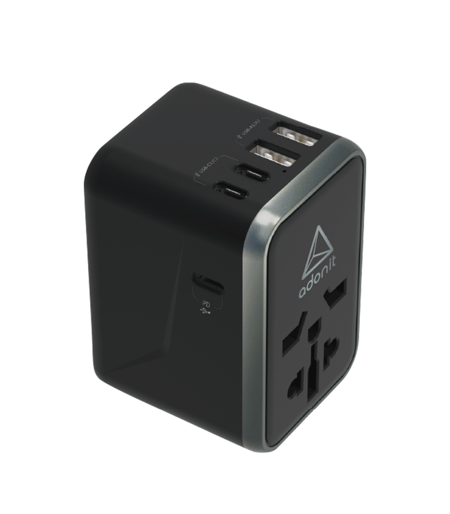 محول سفر عالمي من أدونيت 3C2A - شاحن جداري دولي بتقنية الشحن السريع 65 واط (3 منافذ USB-C + منفذان USB-A) - أسود