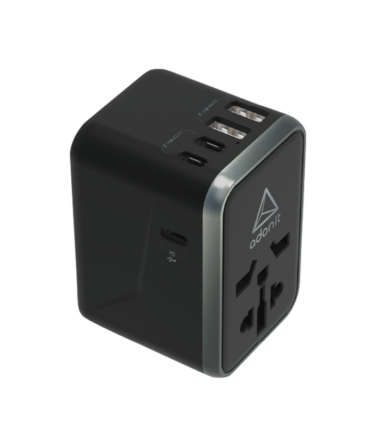 محول سفر عالمي من أدونيت 3C2A - شاحن جداري دولي بتقنية الشحن السريع 65 واط (3 منافذ USB-C + منفذان USB-A) - أسود