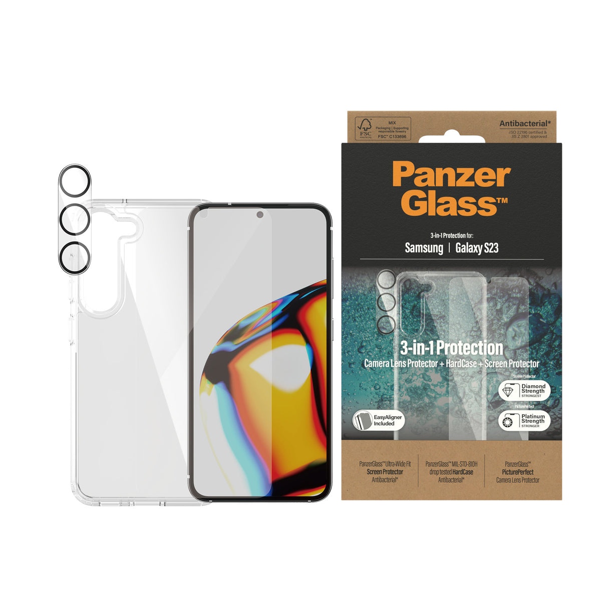 PANZERGLASS Bundle Case, Screen Protector and Camera Lens for Samsung Galaxy S23 - Clear
