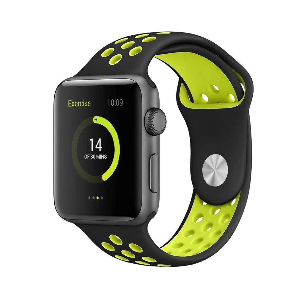 سوار سيليكون فاخر من BEHELLO لساعات Apple Watch Series 1-8 و SE مقاس 42/44 مم - أسود/أصفر (تباع ساعة Apple Watch بشكل منفصل)