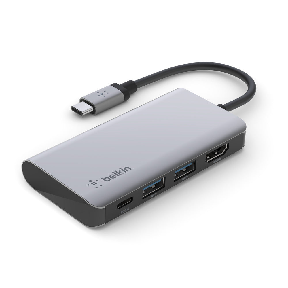 BELKIN Connect USB-C 4-in-1 Multiport Hub - HDMI 4K video resolution, 100W USB-C PD 3.0, 2x USB-A 3.0, 5 Gbps Bandwidth - Gray