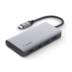 BELKIN Connect USB-C 4-in-1 Multiport Hub - HDMI 4K video resolution, 100W USB-C PD 3.0, 2x USB-A 3.0, 5 Gbps Bandwidth - Gray