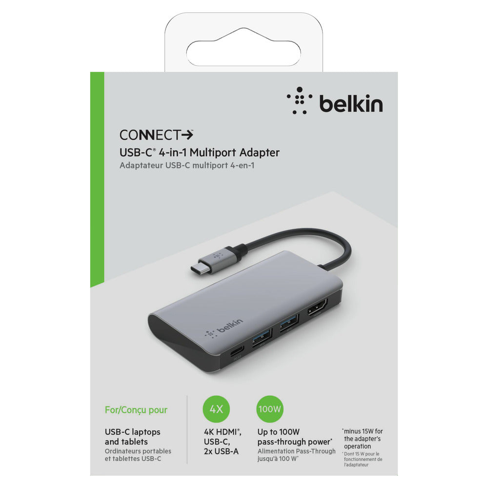 BELKIN Connect USB-C 4-in-1 Multiport Hub - HDMI 4K video resolution, 100W USB-C PD 3.0, 2x USB-A 3.0, 5 Gbps Bandwidth - Gray