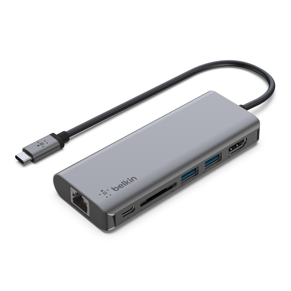 BELKIN Connect USB-C 6-in-1 Multiport Hub - HDMI 4K, Ethernet Port, SD Card Slot, 100W USB-C PD 3.0, 2x USB-A 3.0, 5 Gbps Bandwidth - Gray