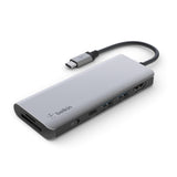 BELKIN USB-C 7-in-1 Multiport Hub Adapter 100W Power Delivery SD 3.0, Micro SD, 3.5 - Gray Audio, USB-C, 2x USB-A, 4K HDMI - Gray