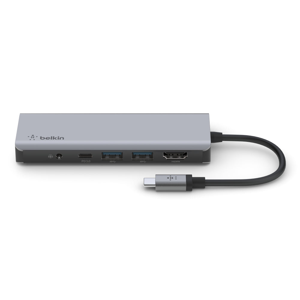 BELKIN USB-C 7-in-1 Multiport Hub Adapter 100W Power Delivery SD 3.0, Micro SD, 3.5 - Gray Audio, USB-C, 2x USB-A, 4K HDMI - Gray