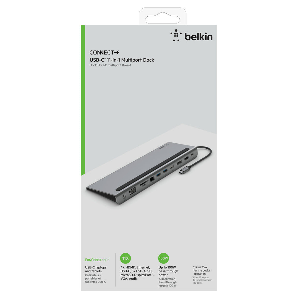 [OPEN BOX] BELKIN Connect USB-C 11-in-1 Multiport Dock - Aux, VGA, Micro/SD Slots, Ethernet, 2x USB-A 3.0, USB-A 2.0, DP, HDMI 4K, Type-C Ports - Gray
