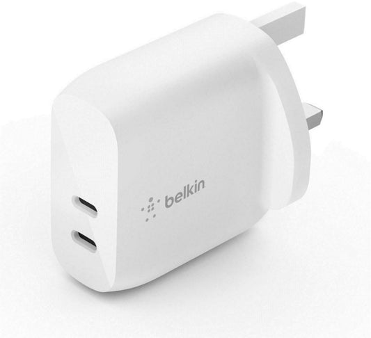 Belkin BOOSTCHARGE Dual USB-C PD Wall Charger 40W | UK 3-pin Type-C Home Power Adapter, 2 Ports Fast Charge for Apple iPhone 13/12 Pro Max Mini, iPad Pro/Air/Mini, Google Pixel, Samsung