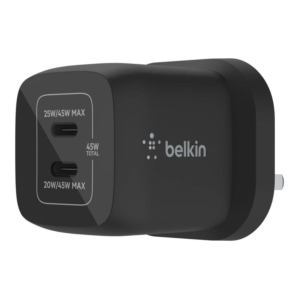 BELKIN BoostCharge 45W Dual USB-C PD Wall Charger w/ PPS - UK 3-Pin Plug - Black