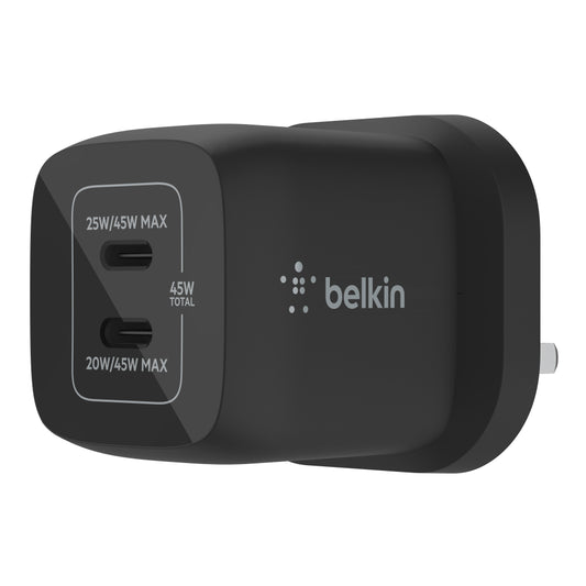 Belkin BoostCharge 45W Dual USB-C PD Wall Charger w/ PPS - Fast Charger w/ GAN Technology, Dual USB-C Ports, for Smartphones, Tablets, Apple MacBook Air,  ChromeBook - UK 3-Pin Plug - Black