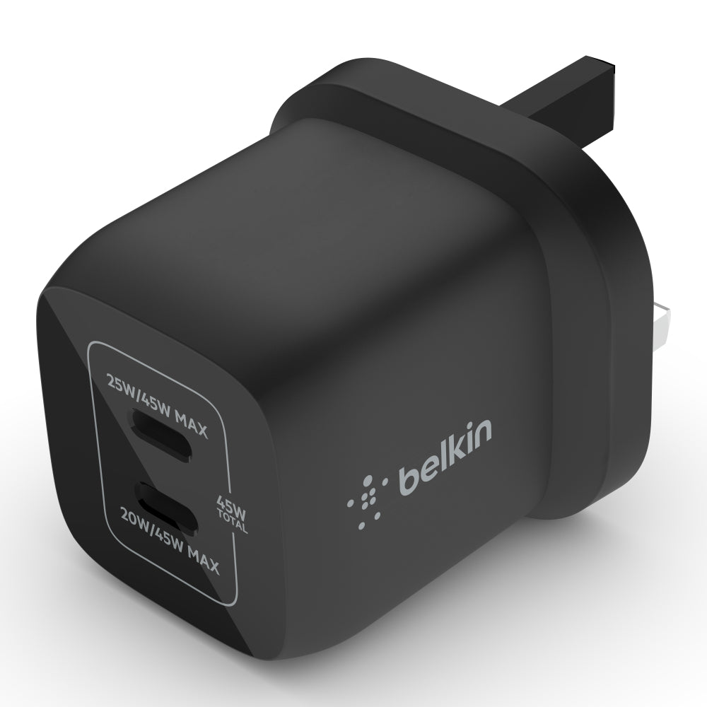 BELKIN BoostCharge 45W Dual USB-C PD Wall Charger w/ PPS - UK 3-Pin Plug - Black