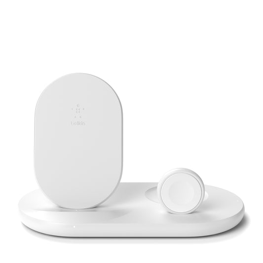 Belkin BOOST CHARGE 3-in-1 Wireless Charger - 7.5W Fast Qi Certified for iPhone 11/11Pro/ 11 Pro Max/Xs Max/XR/XS/X/8 Plus/8, Apple Watch Series 5/4/3/2/1 & Airpods Pro & QI enabled devices - White