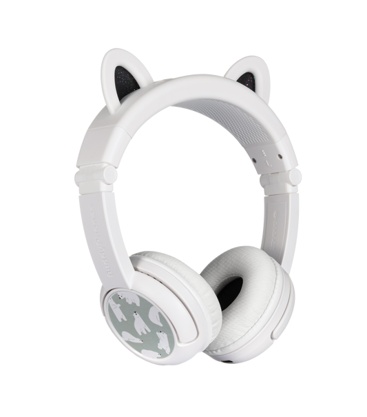 سماعة رأس لاسلكية بلوتوث BUDDYPHONES PlayEars+ - صوت رائع وتصميم آذان حيوانية مرحة - دب - أبيض