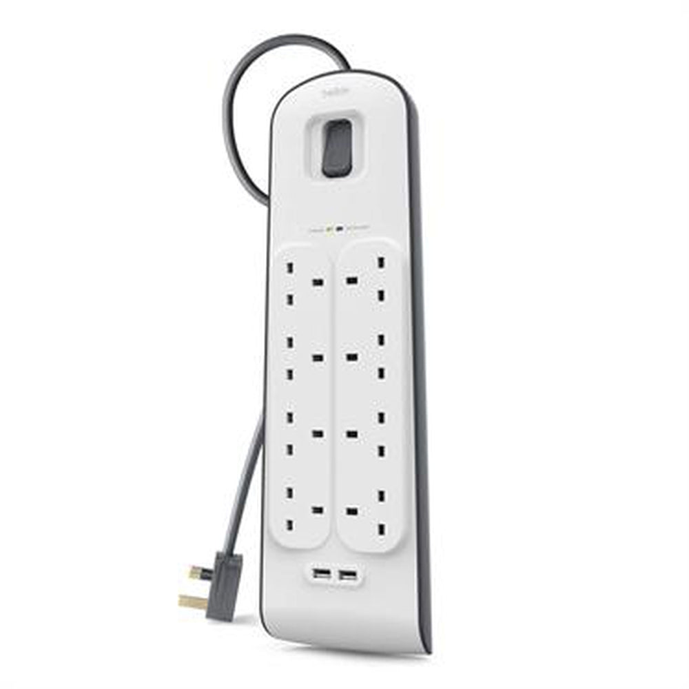 BELKIN 8 Way 2 m Surge Protection Strip with 2 x 2.4 A Shared USB Charging - White