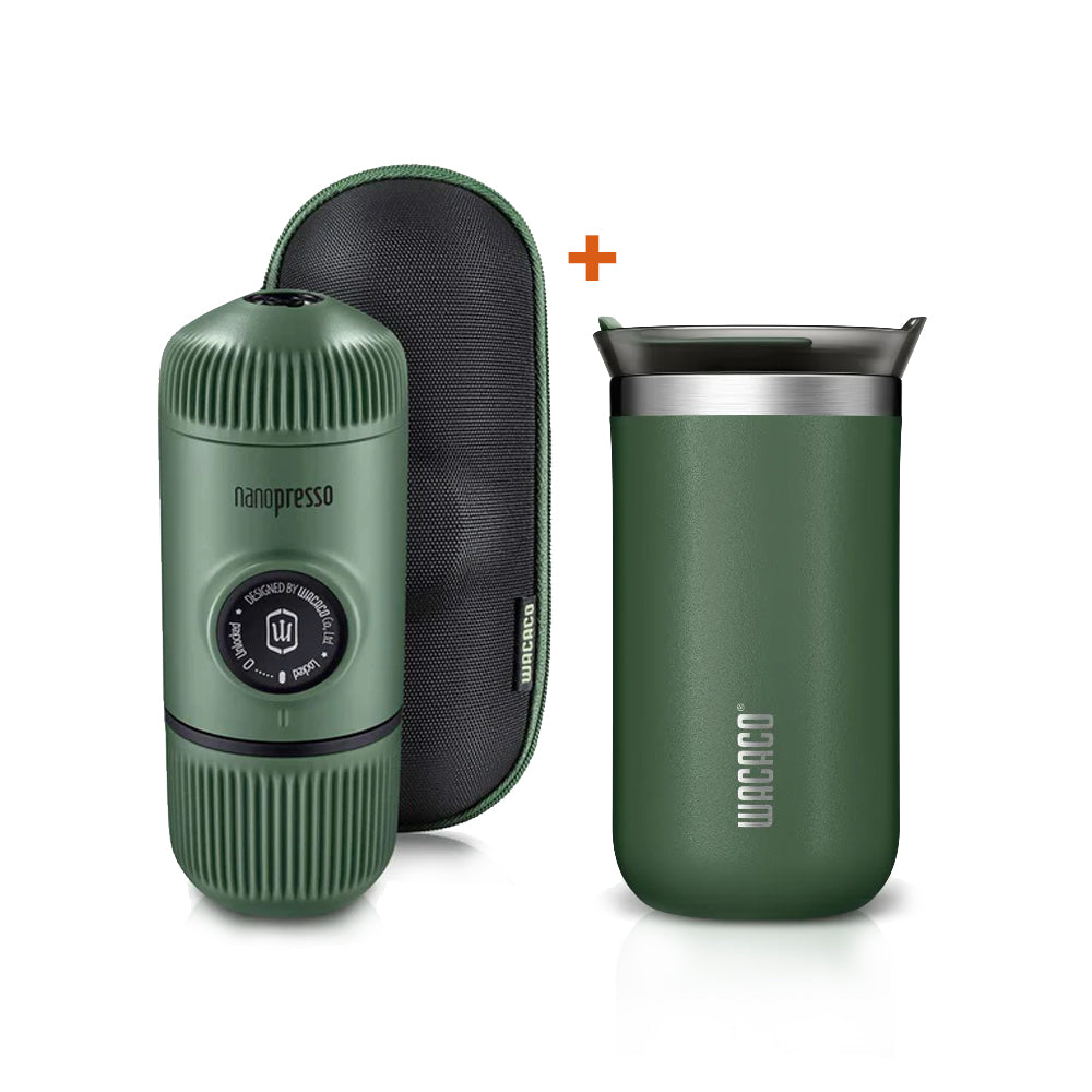 WACACO BUNDLE - Elements Nanopresso Portable Espresso Maker with Protective Case (Manually Powered) + Octaroma Vacuum Insulated Mug 300ML - Green