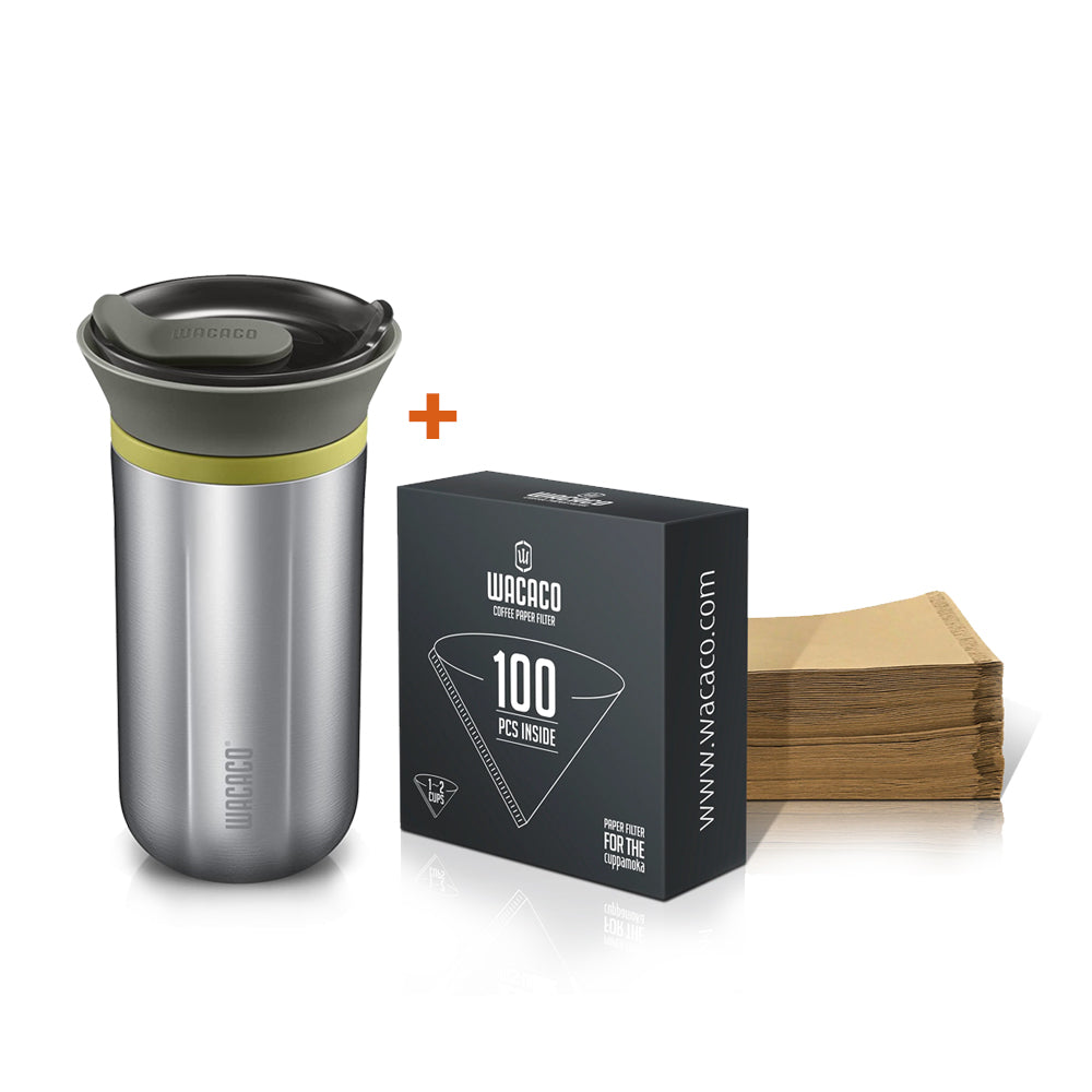 WACACO BUNDLE - Cuppamoka Pour Over Coffee Maker - Stainless Steel + Paper Filter Cuppamoka Coffee Filters 100 Packs