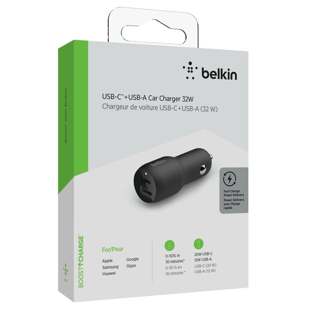 BELKIN 32W Car Charger - 20W USB-C and 12W USB-A - Black