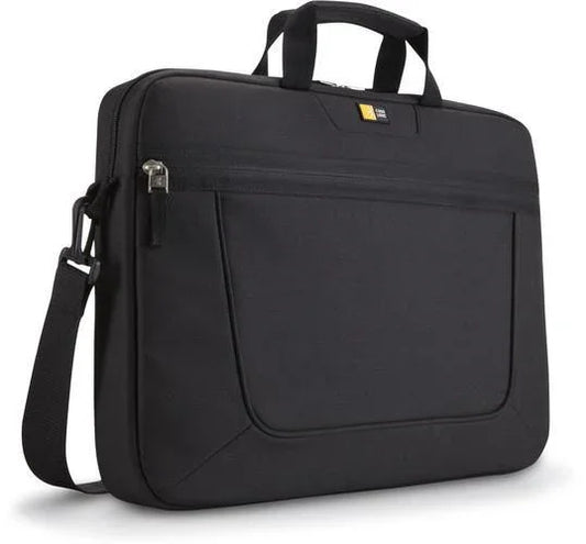 Black laptop bag with front zipper pocket, carrying handles, and shoulder strap
