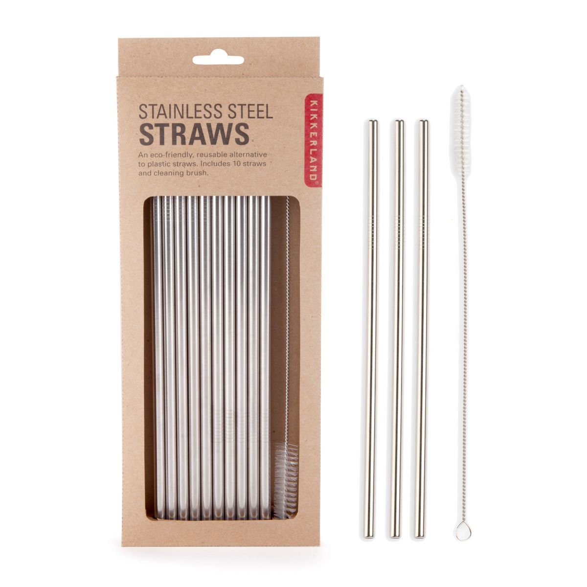 KIKKERLAND Stainless Steel Straws - Set of 10 - Silver
