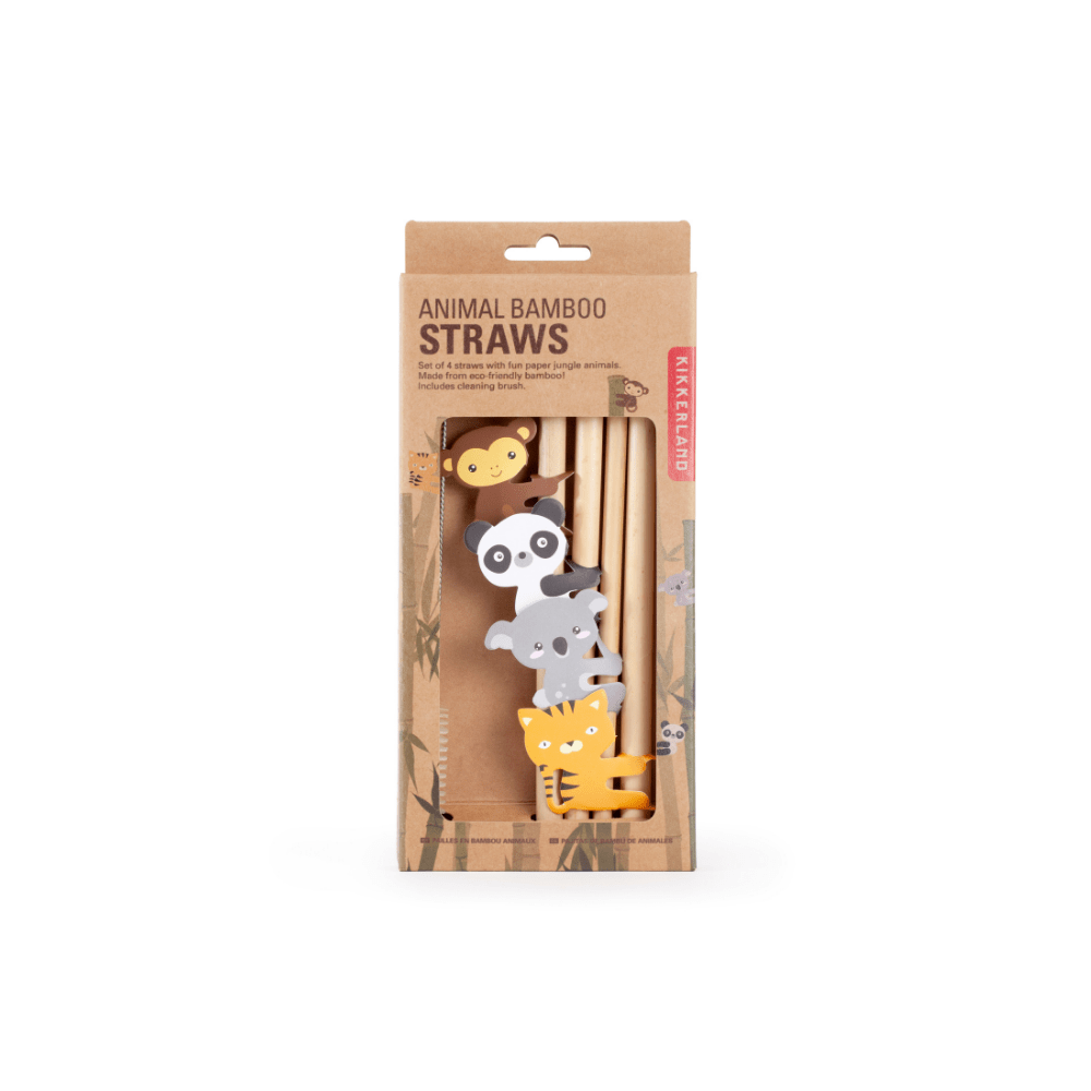 KIKKERLAND Animal Bamboo Straws - Set of 4 - Wooden Brown