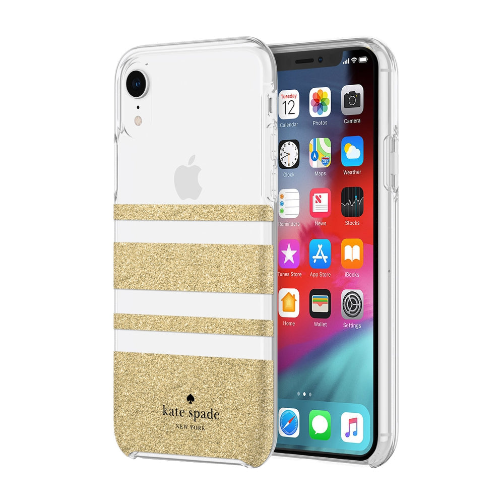 [OPEN BOX] KATE SPADE NEW YORK Protective Hardshell Case - Charlotte Stripe Gold Glitter / Clear For iPhone XR