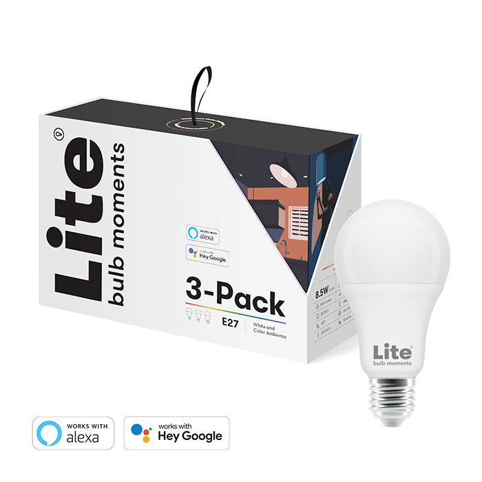 LITE BULB MOMENT A60 RGB LED Lamp 2700-6500K E27 8.5 Watts WiFi &amp; Bluetooth - 3 Pack- White